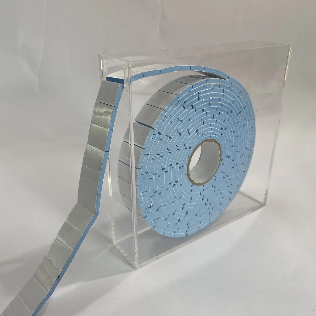 Blue EVA foam tape roll with self-adhesive backing and loose strip section
