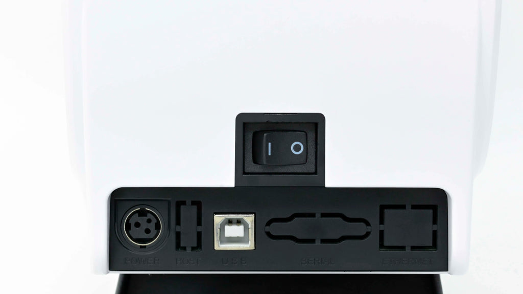 Direct thermal printer rear ports panel with power switch and connectivity sockets