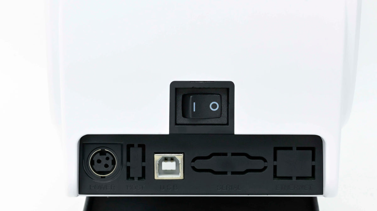 Rear panel of white direct thermal printer with power switch and port connections.