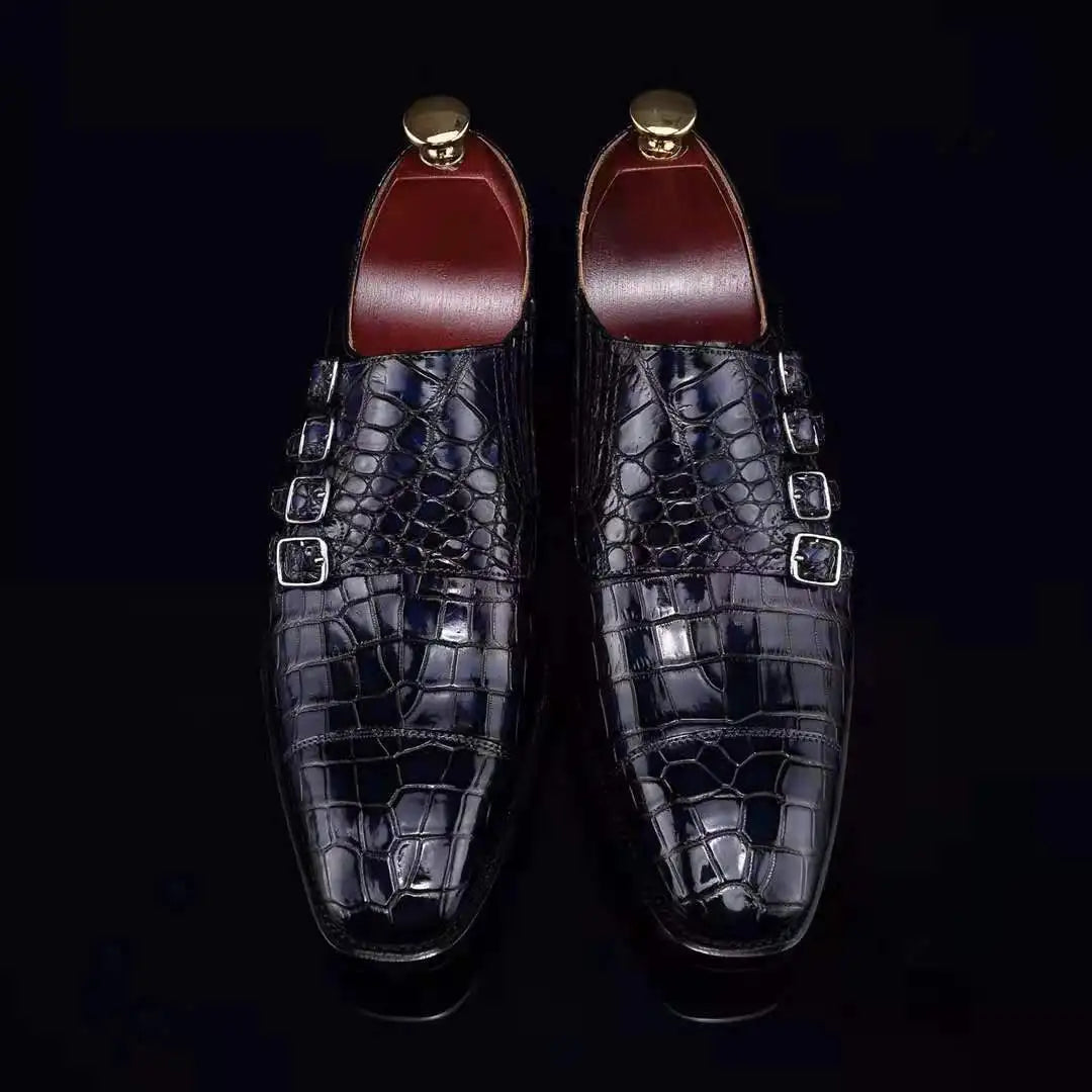 Crocodile Leather Blue Casual Men's Shoes Zapato Goodyear Welt Luxury Loafer Shoes for Men Alligator Monk Strap Office Shoes Men