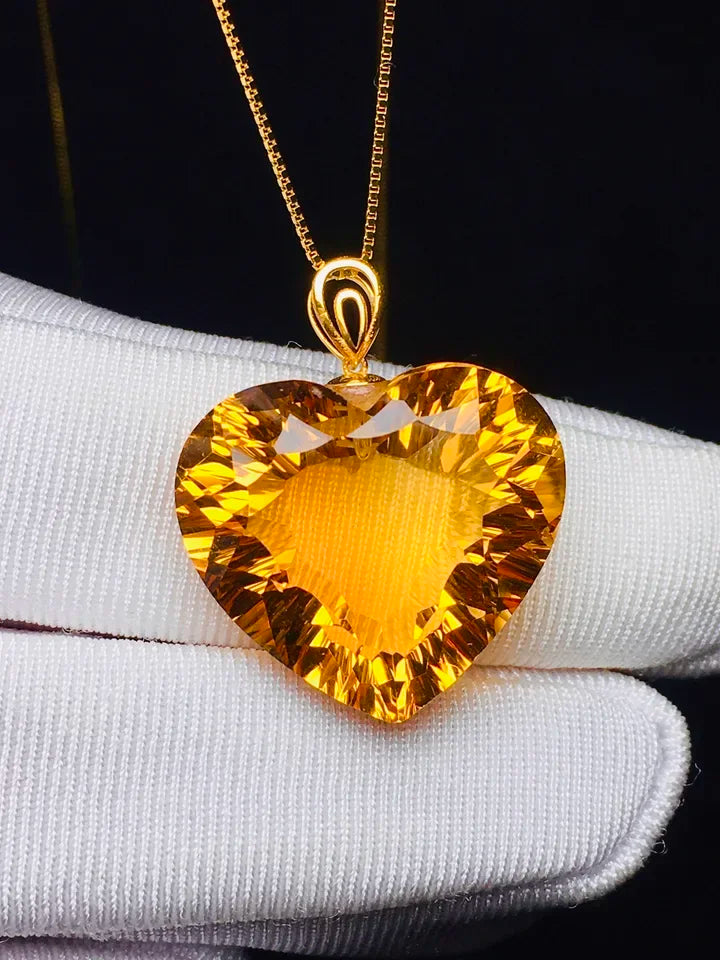 Natural Heart Citrine Pendant Necklace Jewelry for Women Men Gift 18K Gold Brazil Healing Crystal 18mm Beads Gemstone