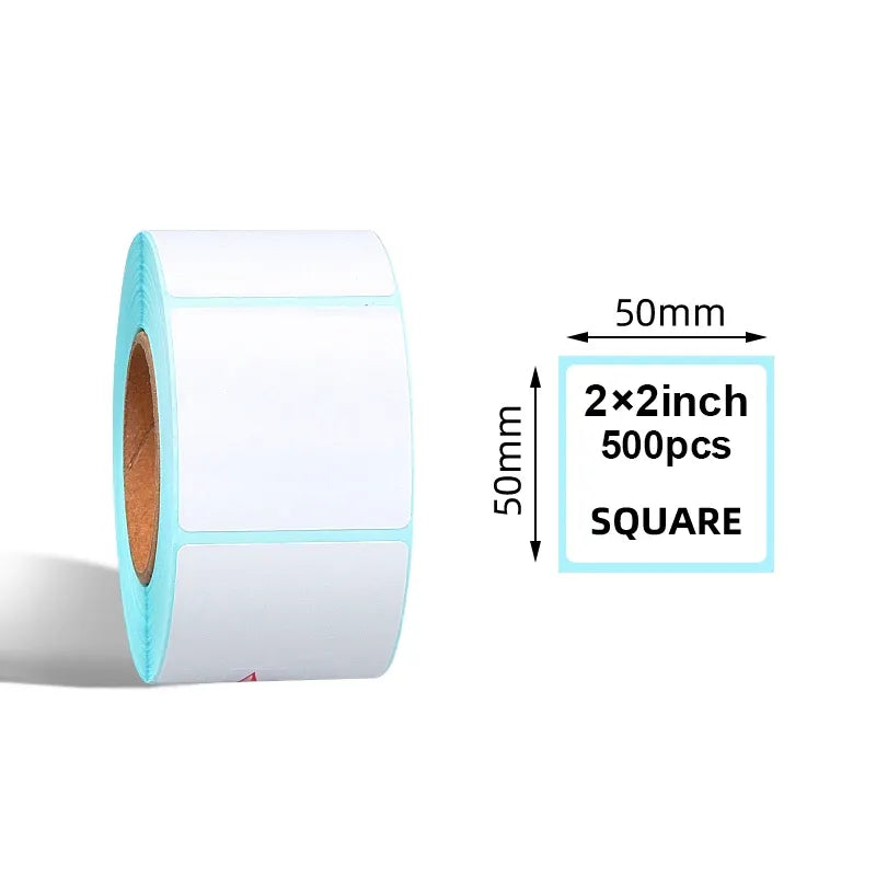Sky blue-edged thermal label roll with square blank labels, 2x2 inch size