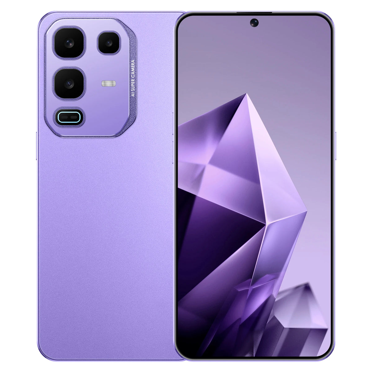 Purple smartphone with triple rear cameras and side fingerprint sensor, front and back view