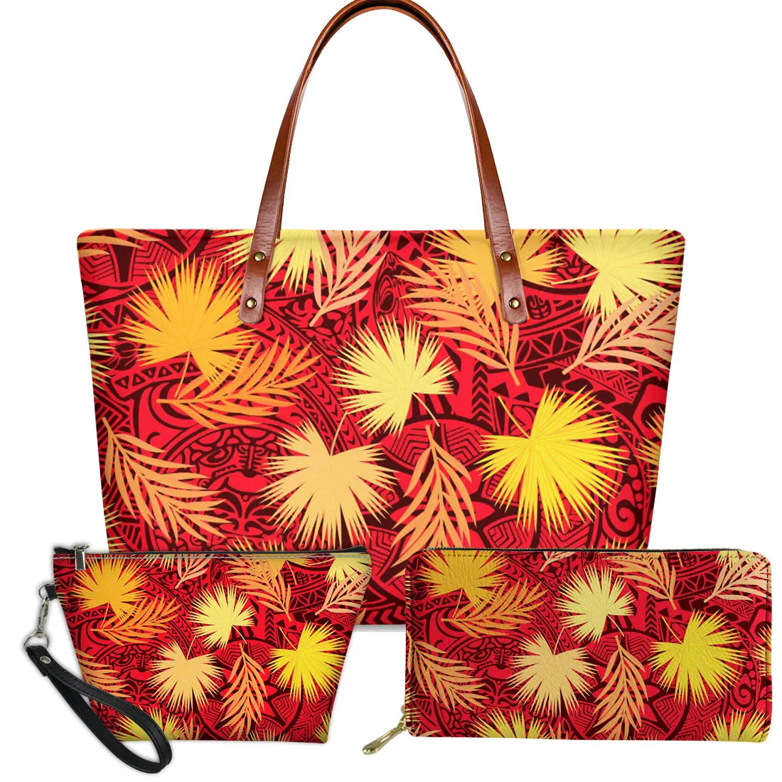 3-piece red Polynesian tribal handbag set with gold floral patterns, leather handles, and matching clutch and wallet.