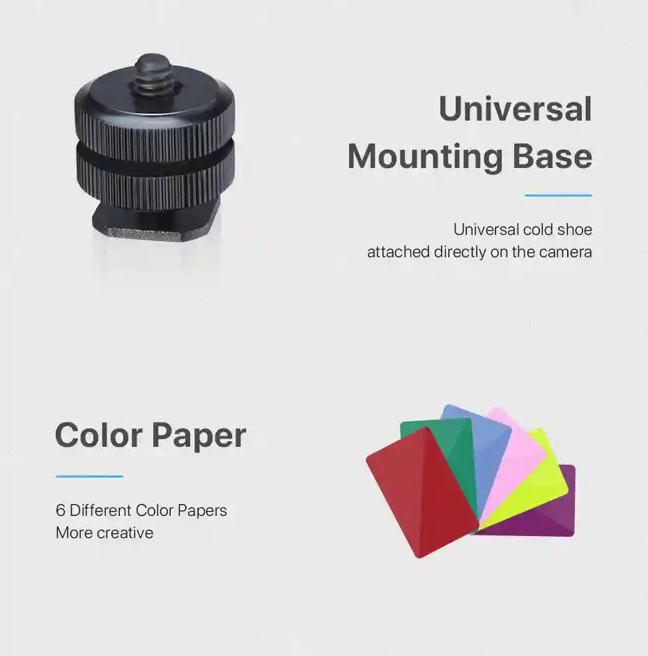 Black metal cold shoe mounting base for cameras and six small rectangular colored filter papers.