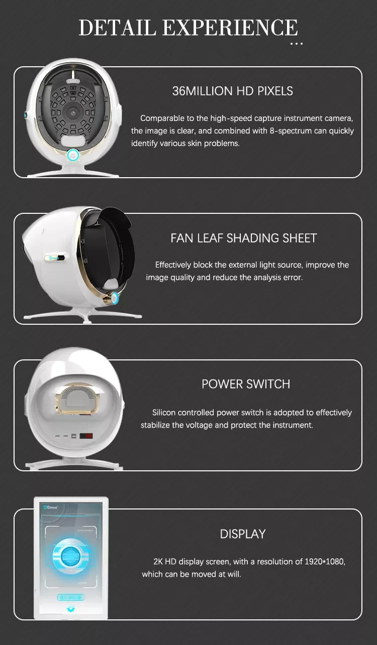 2025 Magic Mirror AI facial skin analyzer featuring 36MP HD camera, shading hood, power switch, and 2K display screen.