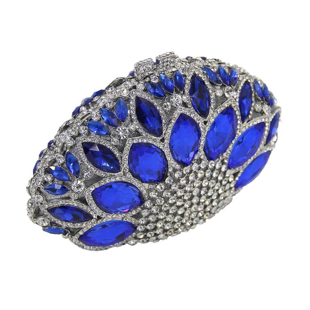 Blue rhinestone evening clutch, luxury crystal formal handbag with silver crown clasp for cocktail dinner events.