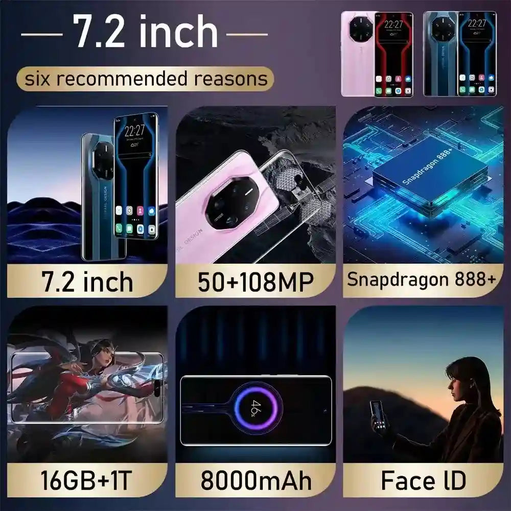 2022 Hot Selling Mate 40 Pro+ Mate 50 12GB+512GB 7.3 Inch Full Display Deca Core CPU Android 10.0 Mobile Cell Smart Phone 3G 4G Tidesmit