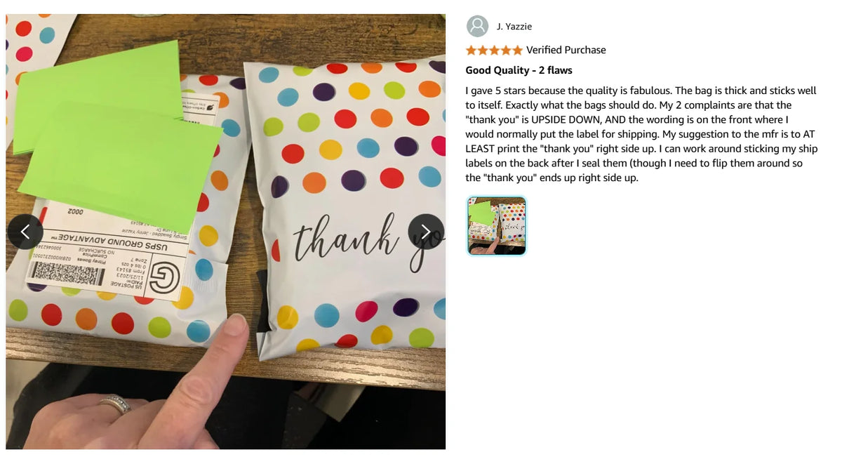 White poly mailer with colorful polka dots, “thank you” text, and sealed opening