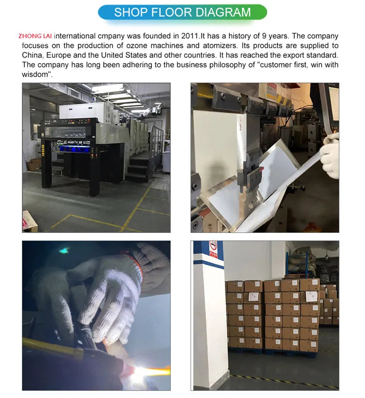 Zhong Lai manufacturing shop floor showing industrial machinery, metal fabrication, welding, and boxed inventory pallets.