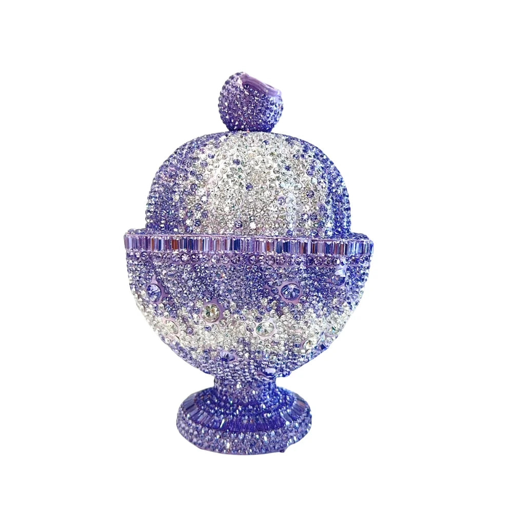 Purple crystal ice cream cup clutch handbag. Sparkly rhinestone evening purse for formal events. Designer novelty bag.