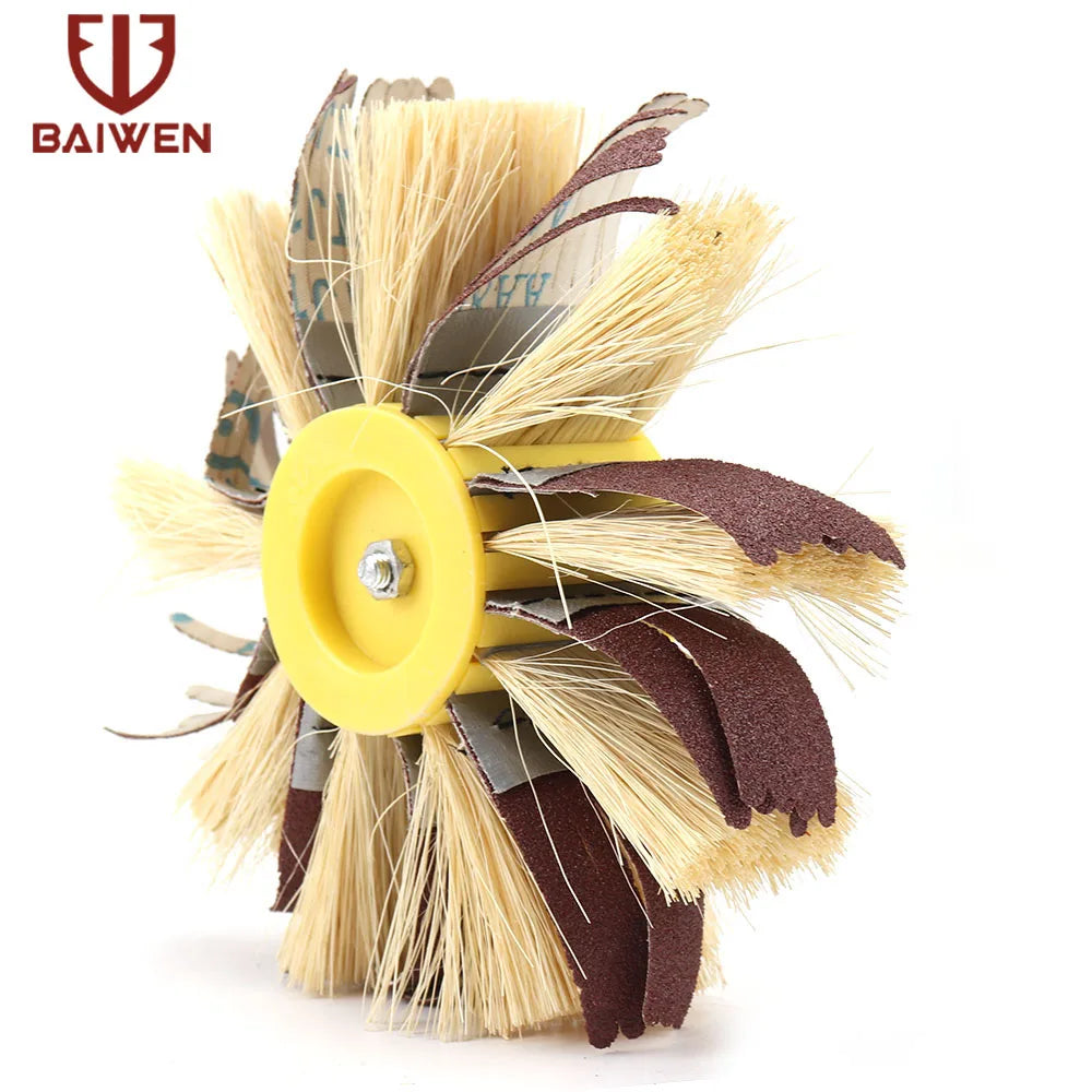 Shaft-mounted polishing brush wheel with yellow hub, sisal bristles and emery pads