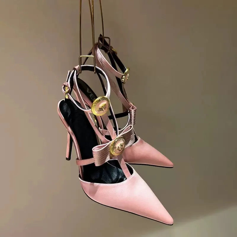 2026 New Women's High Heels Pointed Shallow Mouth Metal Bow Thin Heel Party High-heeled Sandals
