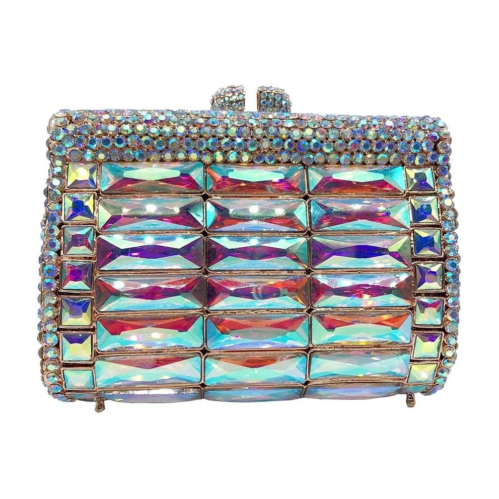 Iridescent crystal evening clutch, designer handbag with rectangular rhinestones, shiny diamond design for weddings.