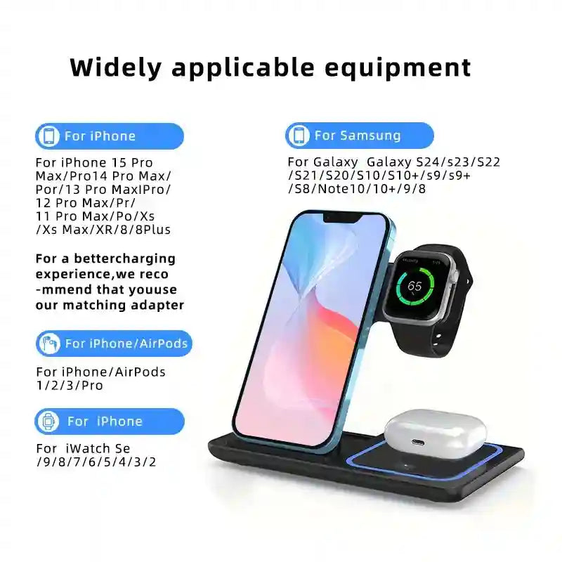 3-in-1 Foldable Wireless Charger Stand - Fast Qi Certified Charging Tidesmit