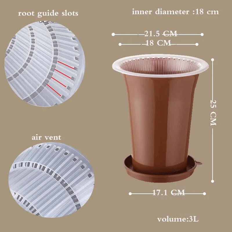 Brown plastic orchid flower pot with air vents and double-layer base, tall high-waist design.