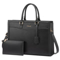 LOVEVOOK black waterproof leather laptop tote bag with shoulder strap, gold hardware, and matching accessory pouch.