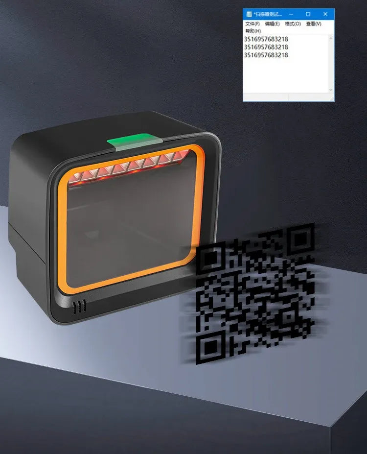 Black desktop scanner with orange scan frame and nearby QR code graphic