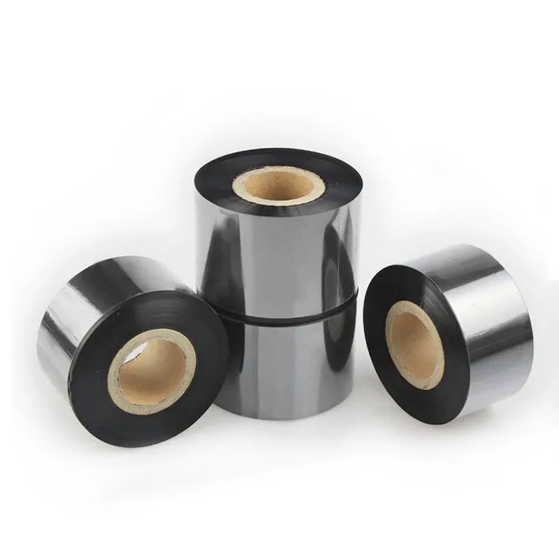 Silver and black thermal transfer ribbon rolls with inner cardboard cores