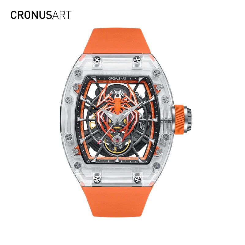 CRONUSART  Crystal Tonneau Men's Mechanical Watches with Transparent Luminous Dial and Spider Theme Design