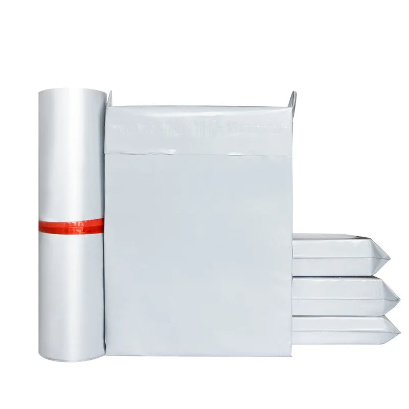 White plastic shipping mailer envelope with rolled packing film and red band