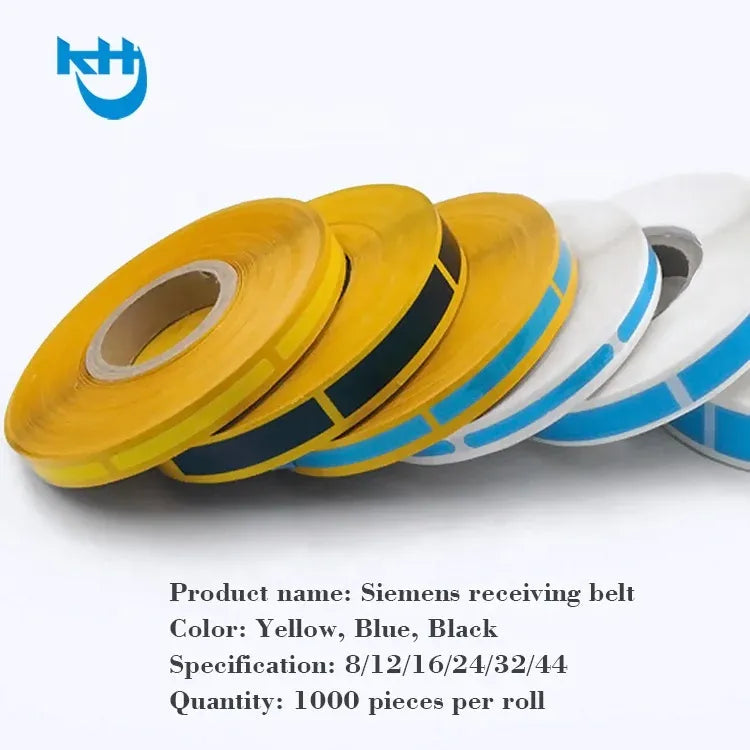 Multiple yellow and blue splice tape rolls with black stripes