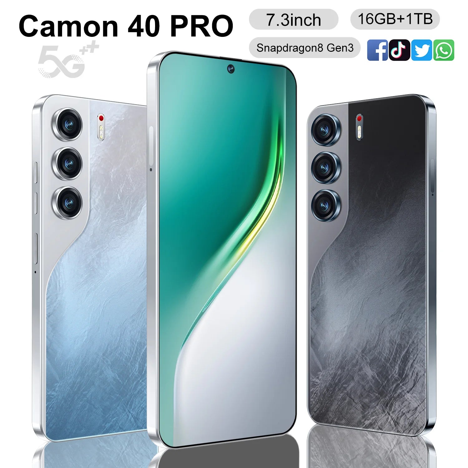 Camon 40 Pro 5G smartphone with 16GB RAM, 1TB storage, 108MP camera, and 8000mAh battery, side view.