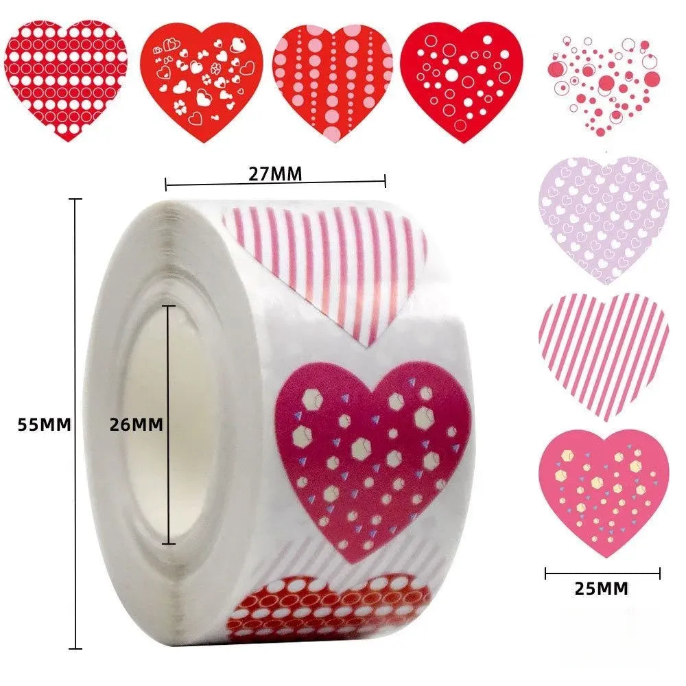 Self-adhesive heart sticker set with red and pink heart designs plus size measurements