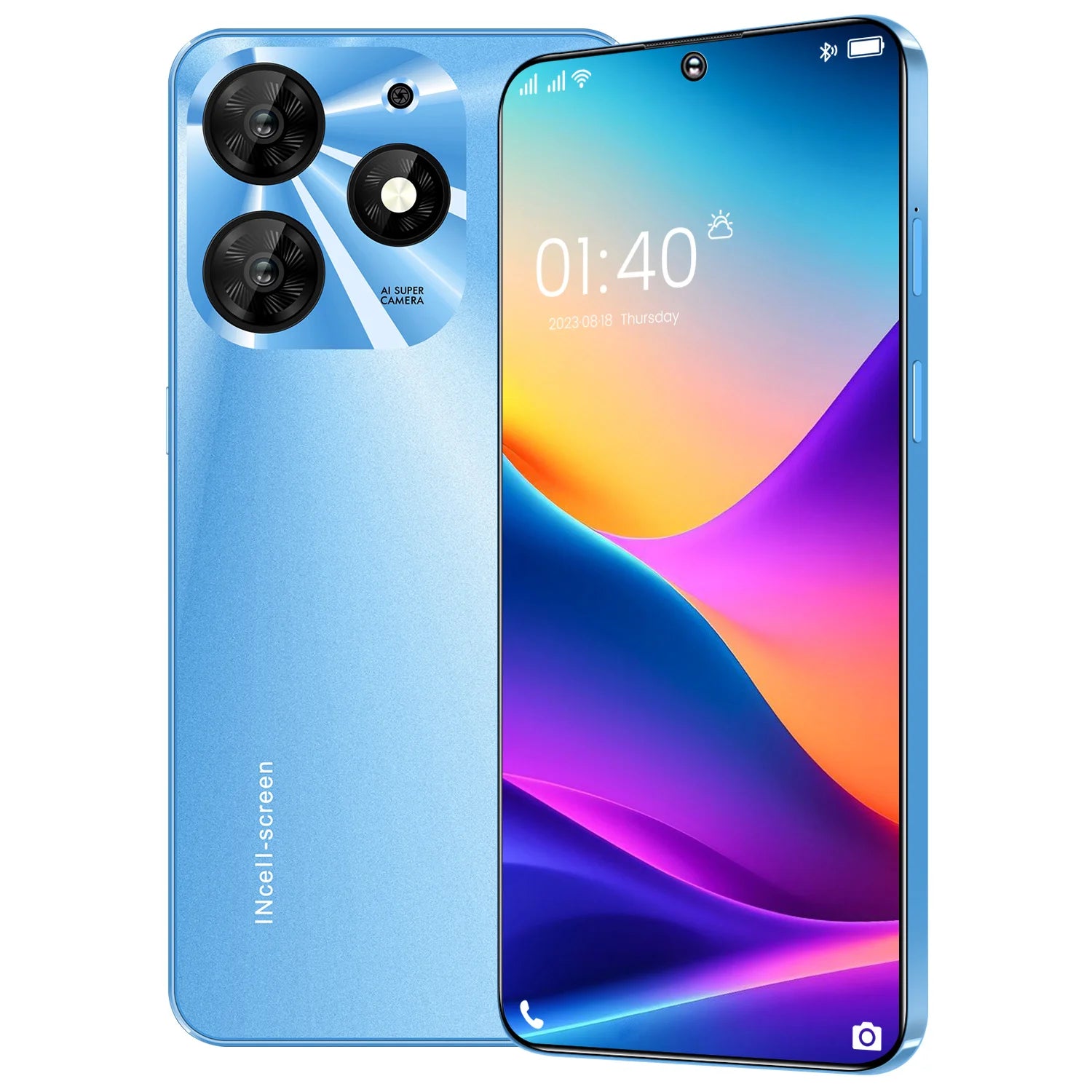 Blue 7.3-inch 5G Android dual-SIM smartphone, front display and triple rear cameras
