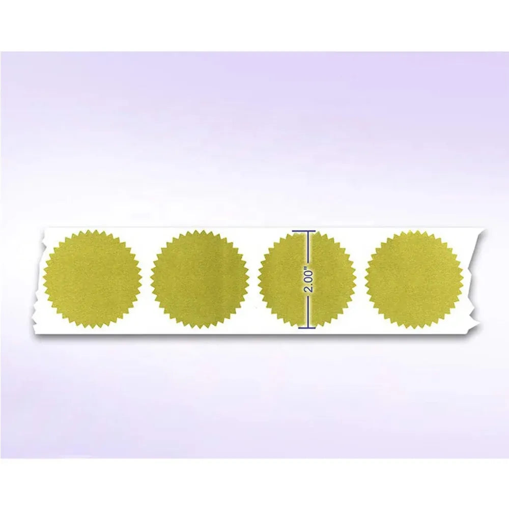 Gold wafer seal stickers strip with circular designs and serrated cut edges