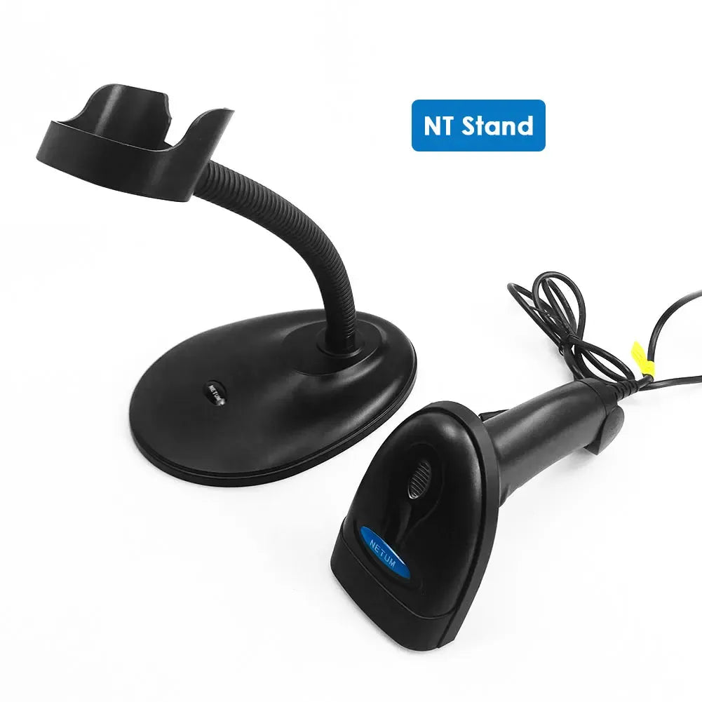 Handheld barcode scanner with stand base and cable, black scanner with blue-tinted label
