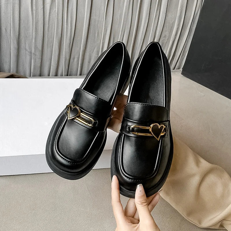 2024 Elegant Thick Heel Women's Black Leather Slip-On Loafers British Preppy Style Platform Shoes Light Patent Upper Material
