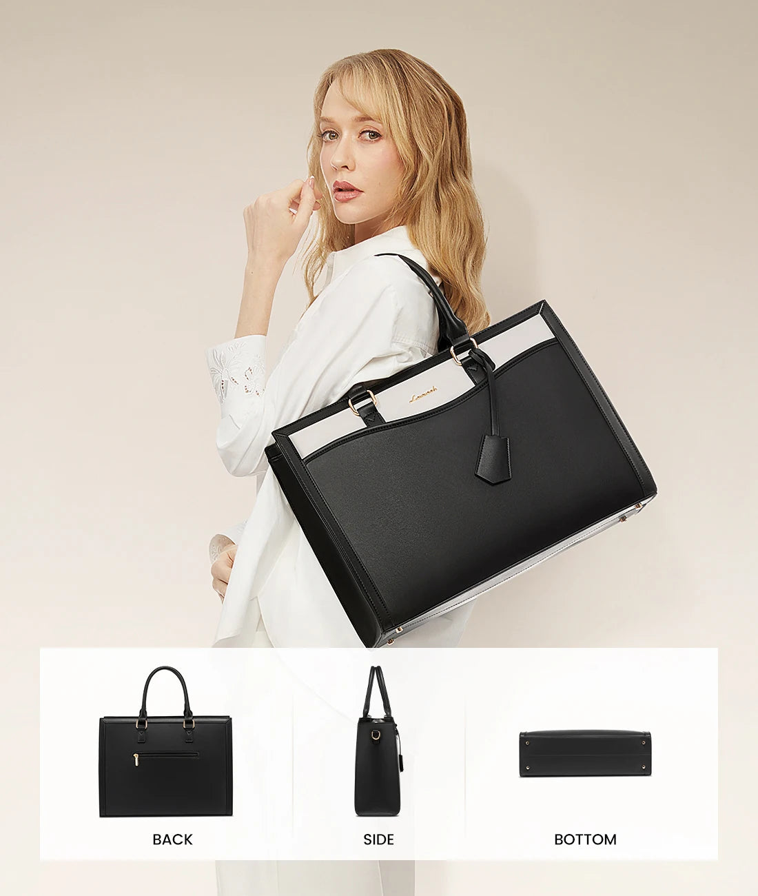 LOVEVOOK two-tone black and white leather laptop tote bag, a structured designer shoulder handbag for women.