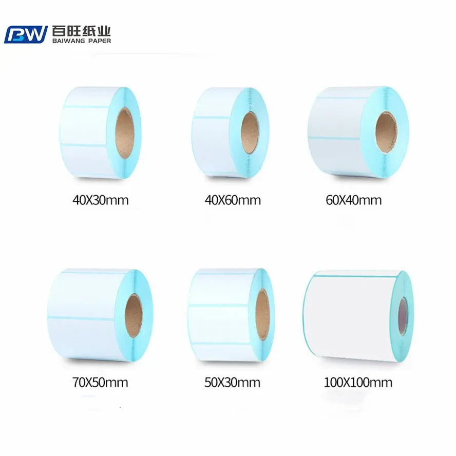 Thermal label roll paper size chart with rolls labeled 40x30mm to 100x100mm