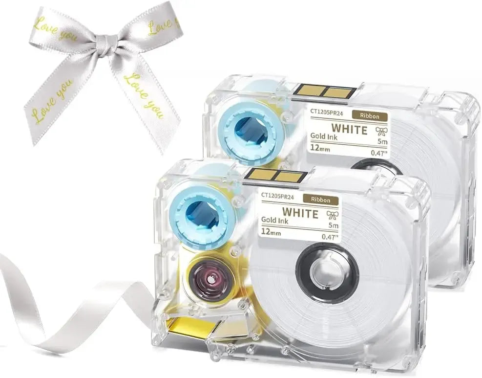 White satin ribbon tape with gold "Love you" print, shown in a bow with label cartridges