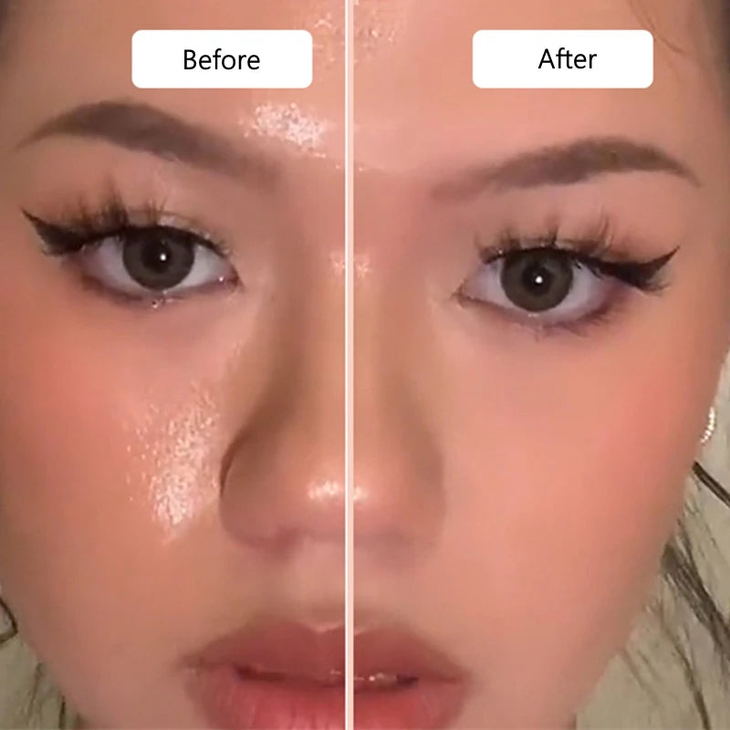 Before and after comparison of a face showing reduced shine after using a volcanic stone oil-absorbing roller.