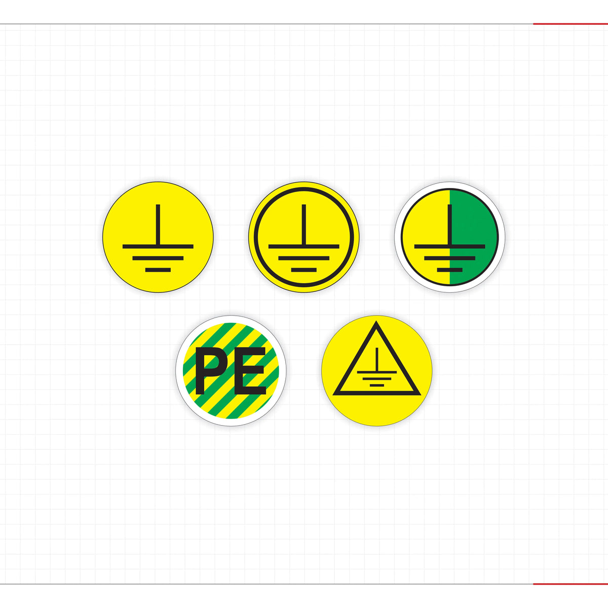 Set of circular decals: grounding symbol, PE marking, and hazard triangle icons