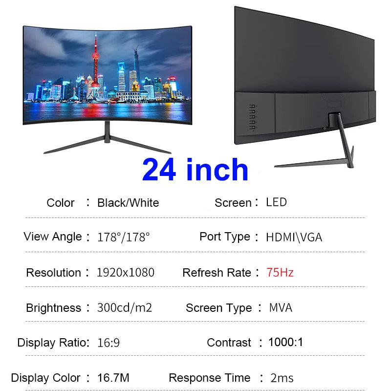 24 Inch Curved 75Hz Monitor Gaming VA FHD 1080P Computer Display 2800R HDMI/VGA DCR Eye Protect VESA 100*100 2ms Response