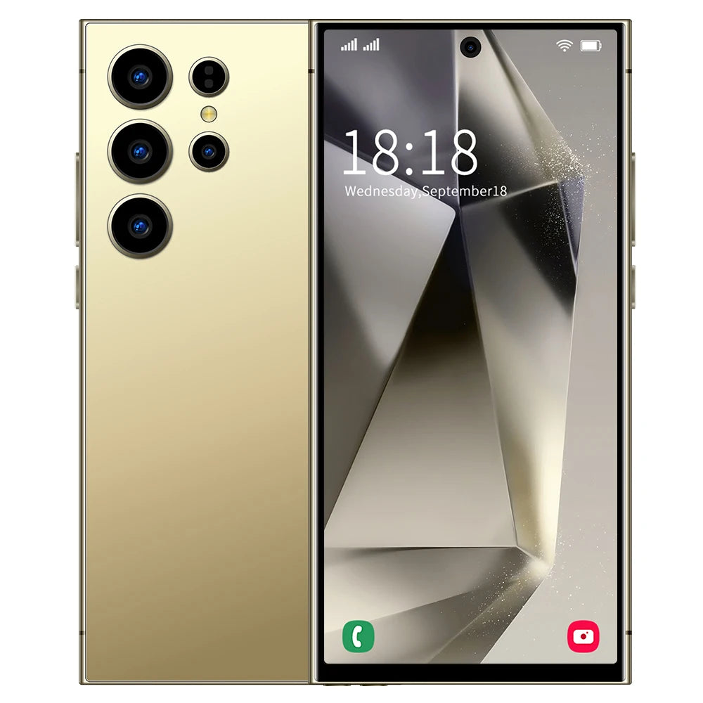 Gold smartphone front and back view with quad rear cameras and touchscreen