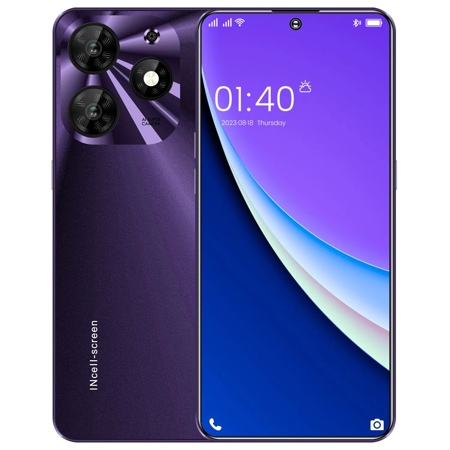 Purple 7.3-inch 5G Android dual-SIM smartphone, front display and triple rear cameras