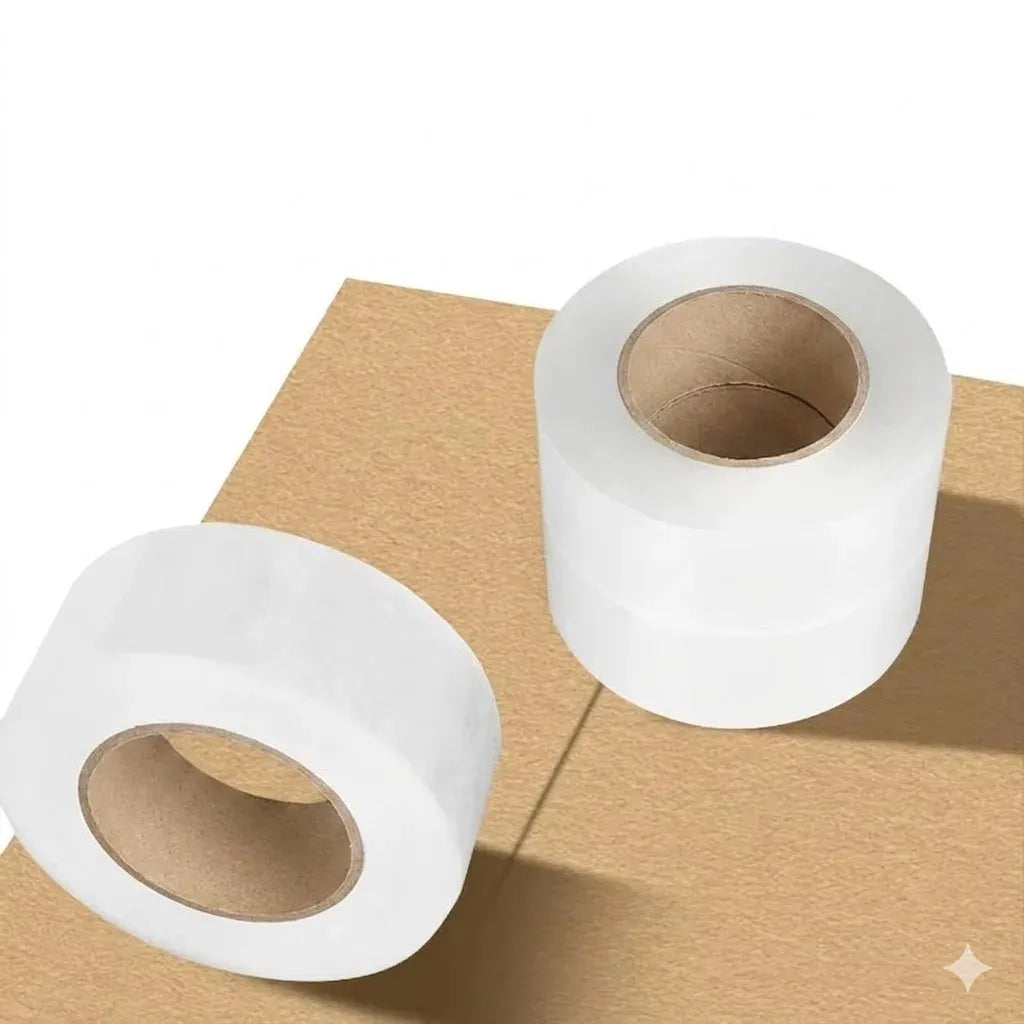 Clear packing tape rolls on cardboard sheets, two-roll angle