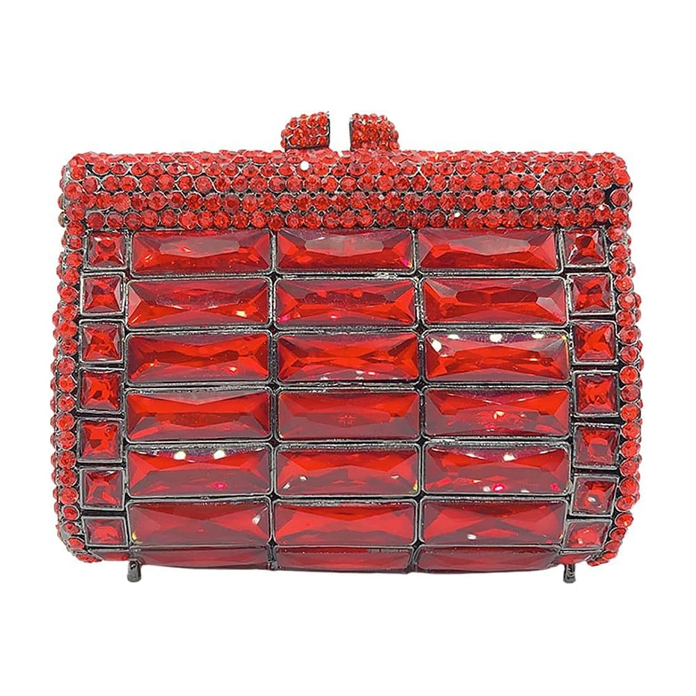 Red crystal evening clutch with rectangular rhinestone gems and a luxury sparkling diamond-style hard shell design.
