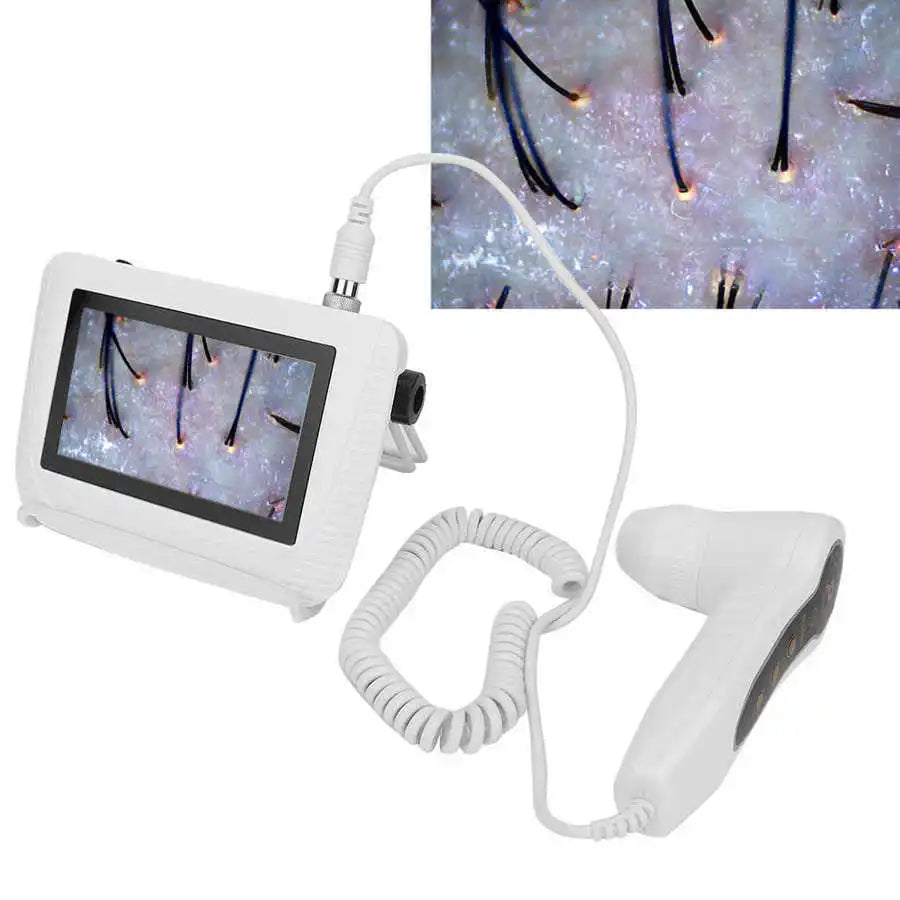 Digital skin and hair follicle analyzer with screen, 50X/200X lens, and handheld probe for scalp and skin care testing.