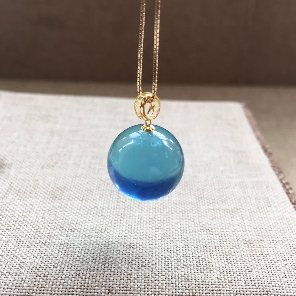 14mm Natural Ocean Aquamarine Beads Classic Pendant Necklace Women Men 18k Silver Wealth Gift Healing Crystal Jewelry