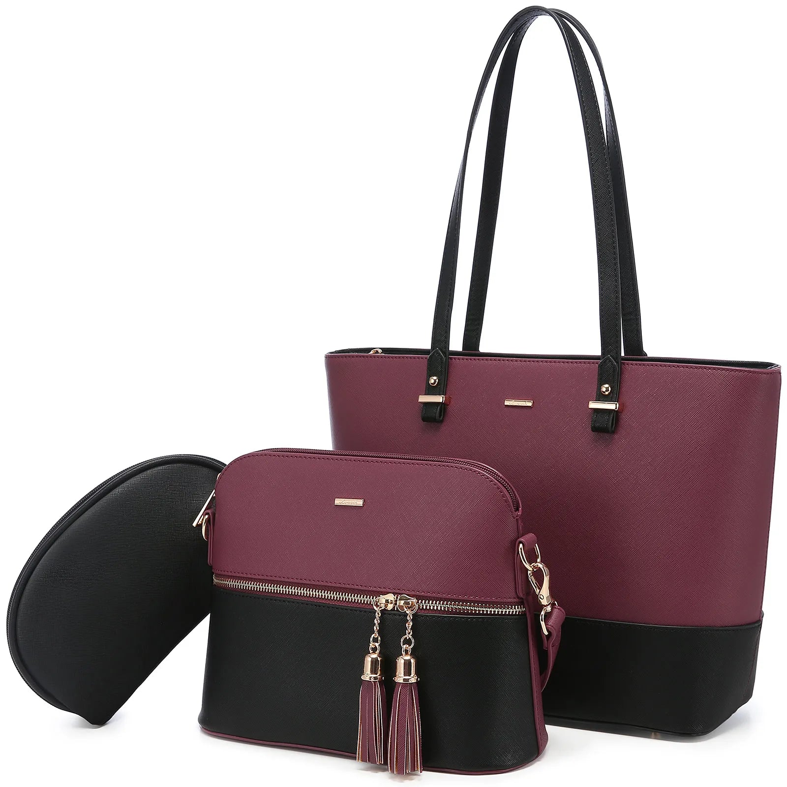 LOVEVOOK 3-piece designer handbag set in burgundy and black PU leather with gold hardware and tassel detail.
