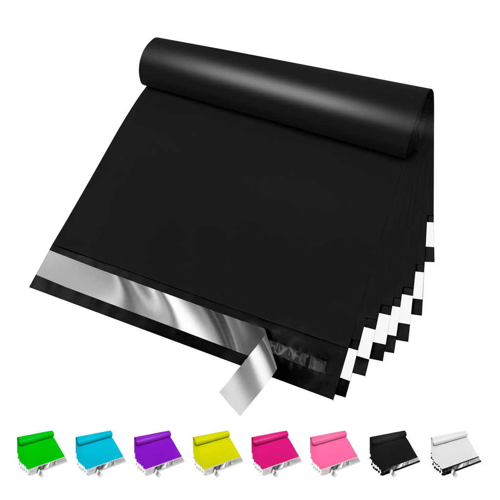 Stack of black poly mailers with self-seal strip and visible color lineup