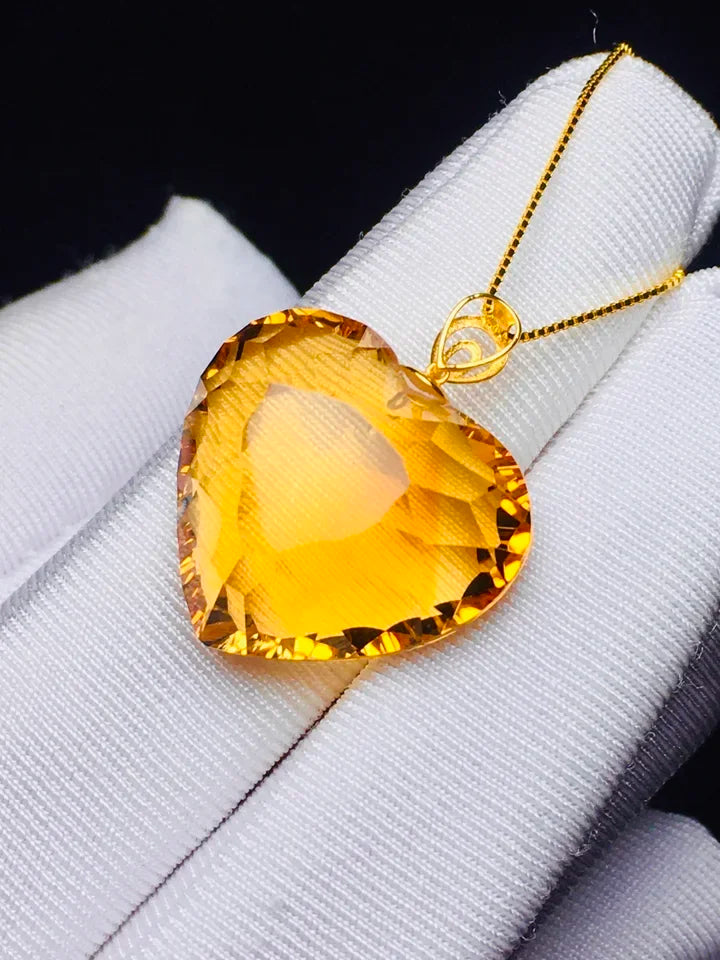 Natural Heart Citrine Pendant Necklace Jewelry for Women Men Gift 18K Gold Brazil Healing Crystal 18mm Beads Gemstone