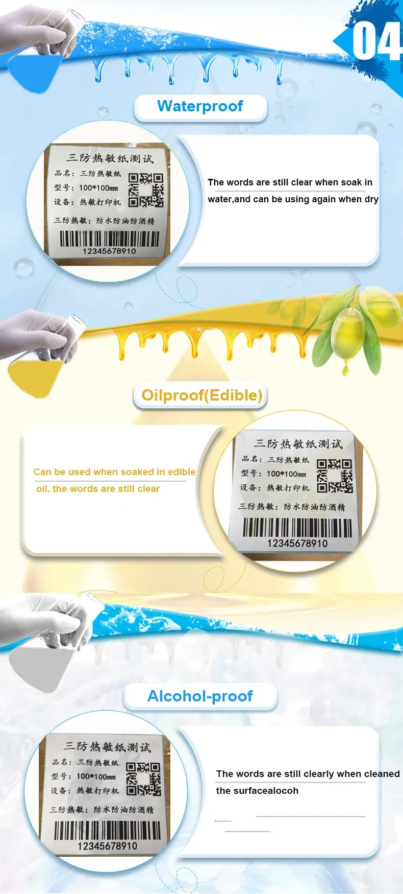 Waterproof thermal label stickers with barcode/QR, shown being applied to surfaces