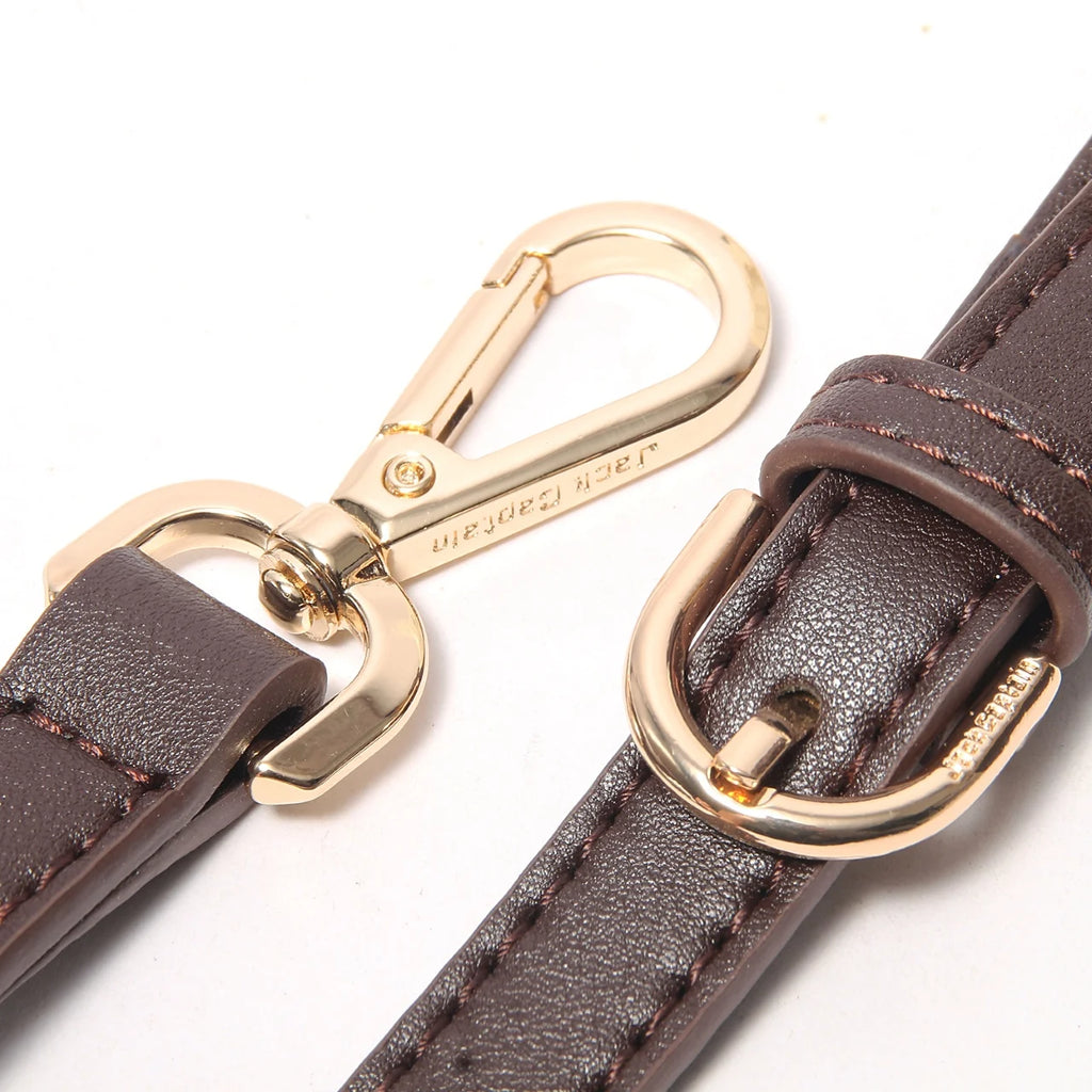Brown genuine leather handbag strap with gold-tone metal clasp and buckle for designer tote bags.