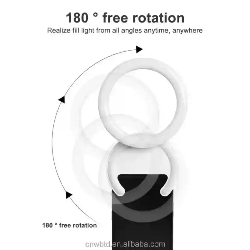 White circular ring light attachment for smartphones with a 180-degree rotating hinge for adjustable lighting angles.